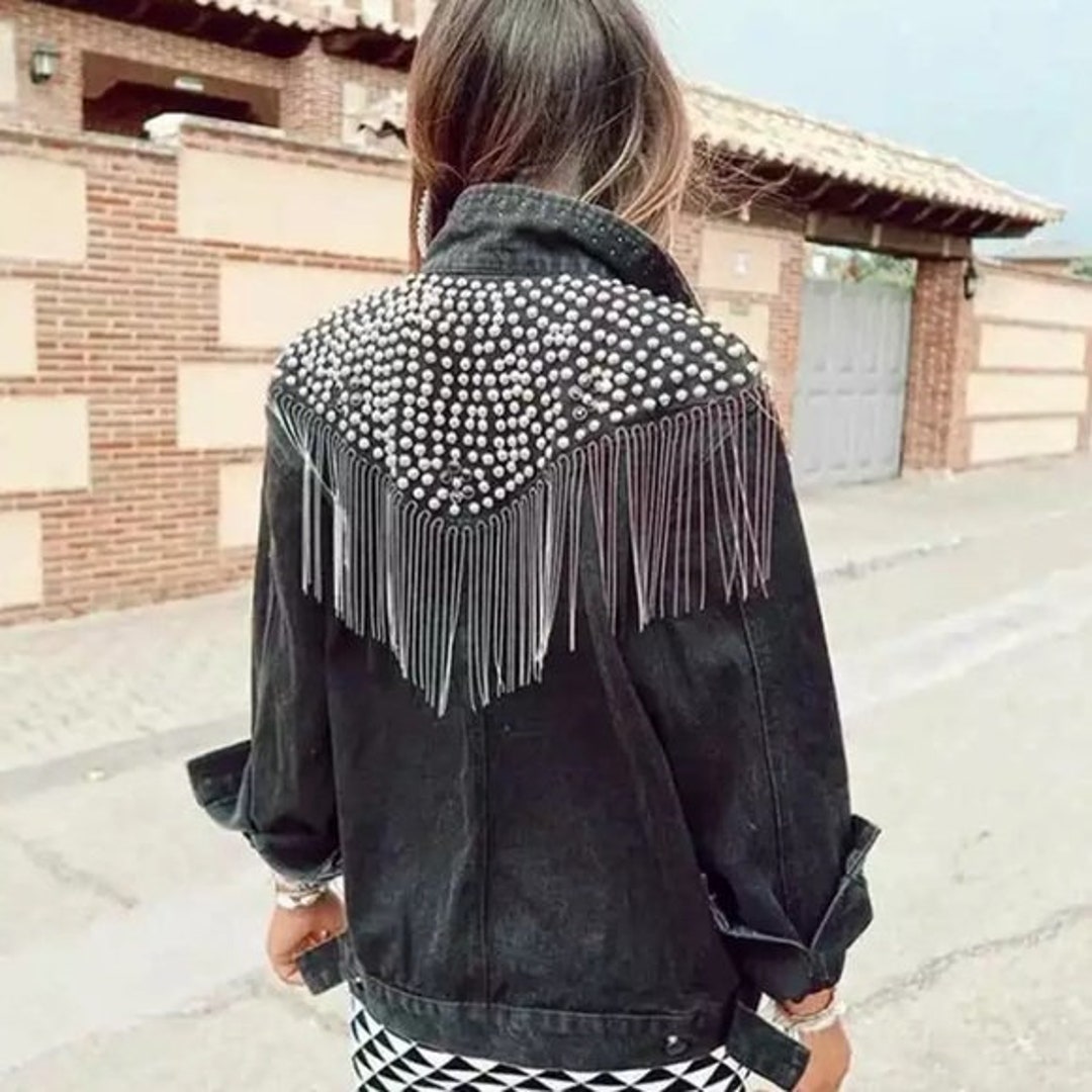 Vintage Blue Black Chain Tassel Denim Jacket Coat Women Loose Short Cowboy  Outerwear Long Sleeve Big Pocket Jeans Jackets Female