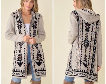 Oatmeal Aztec Rainbow Western Hooded Knit Cardigan Long Sleeve Open Sweater Women's Boho Bohemian Casual Fall Winter