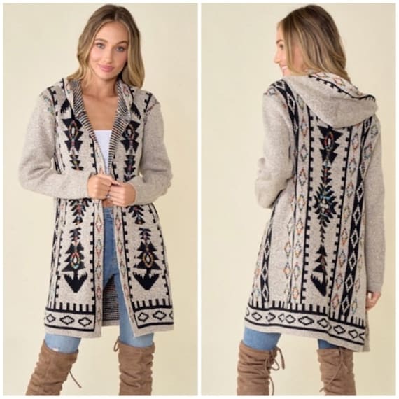 Plus Size Boho Cardigan, Women's Plus Aztec Print Long Sleeve Open Front  Tassel Trim Hooded Cardigan