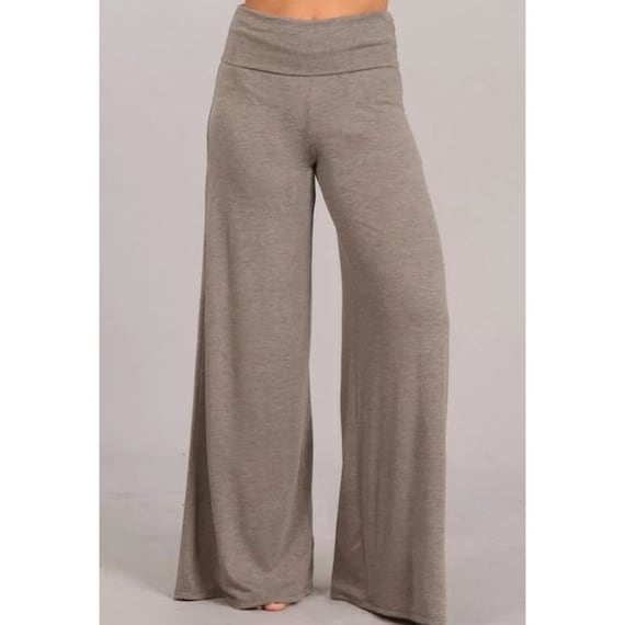 Heather Taupe Solid Wide Leg Palazzo Soft High Foldover Waist