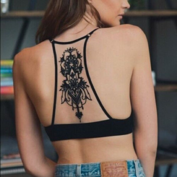 Black Boho Sheer Lace Tattoo Floral Bralette Unpadded Womens Bra