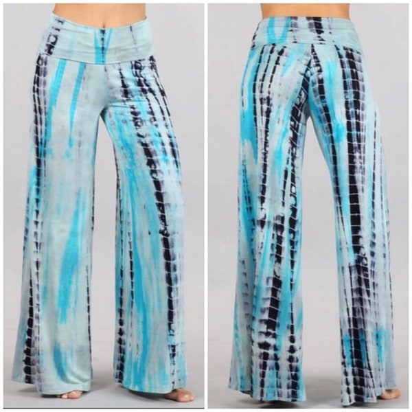 Aqua Blue Boho Tie Dye Foldover High Waist Wide Leg Palazzo Lounge Stretch Pants Womens Casual Soft Stretch Lounge