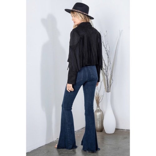 Black Faux Vegan Suede Fringe Boho shops Western Moto Open Cropped Solid Casual Women's Jacket