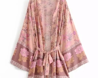 Pink Festival Bohemian Flower Floral Boho Printed Short Kimono Robe Tunic Wrap Casual Spring Summer Women's