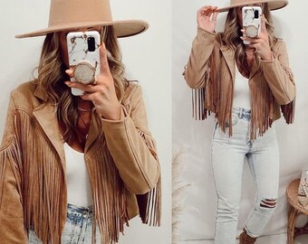 Camel Faux Vegan Suede Fringe Boho Western Moto Open Cropped Solid Casual Women's Jacket