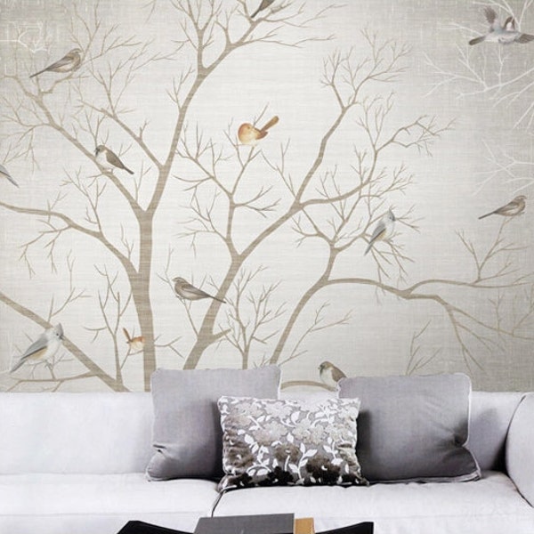 Custom Listing for Juliana -- Branch Birds Wallpaper Wall Decal Art Dreamy Winter Woods Tree Wall Mural Custom Sizing