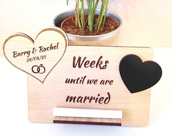 Personalised wedding countdown plaque with chalkboard heart. Personalised with Date and names