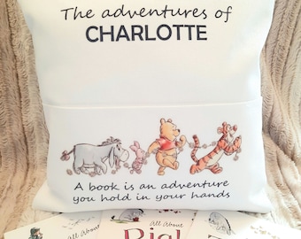 Personalised Winnie the Pooh reading cushion with piglet eeyore tigger books gift set