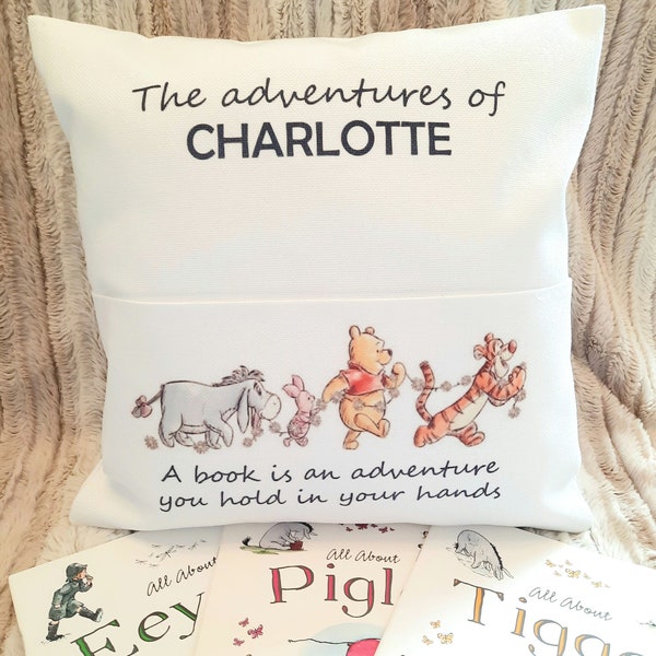 Personalised Winnie the Pooh reading cushion with piglet eeyore tigger books gift set