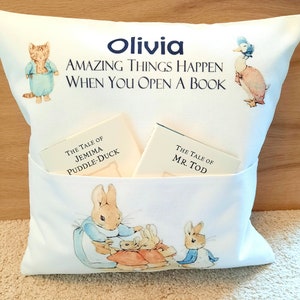 Personalised Peter Rabbit Beatrix Potter reading cushion gift set with 2 books