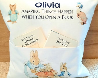 Personalised Peter Rabbit Beatrix Potter reading cushion gift set with 2 books