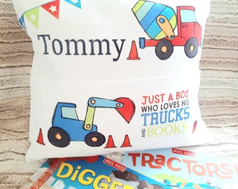 Truck digger themed personalized reading cushion and book gift set