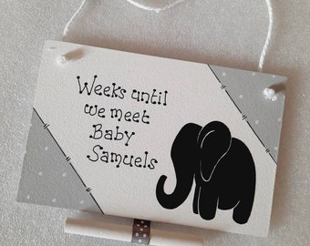 Countdown to baby birth chalkboard sign. Weeks until baby gift plaque with chalkboard elephant