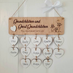 Grandchildren and great grandchildren plaque with personalised family name hanging hearts