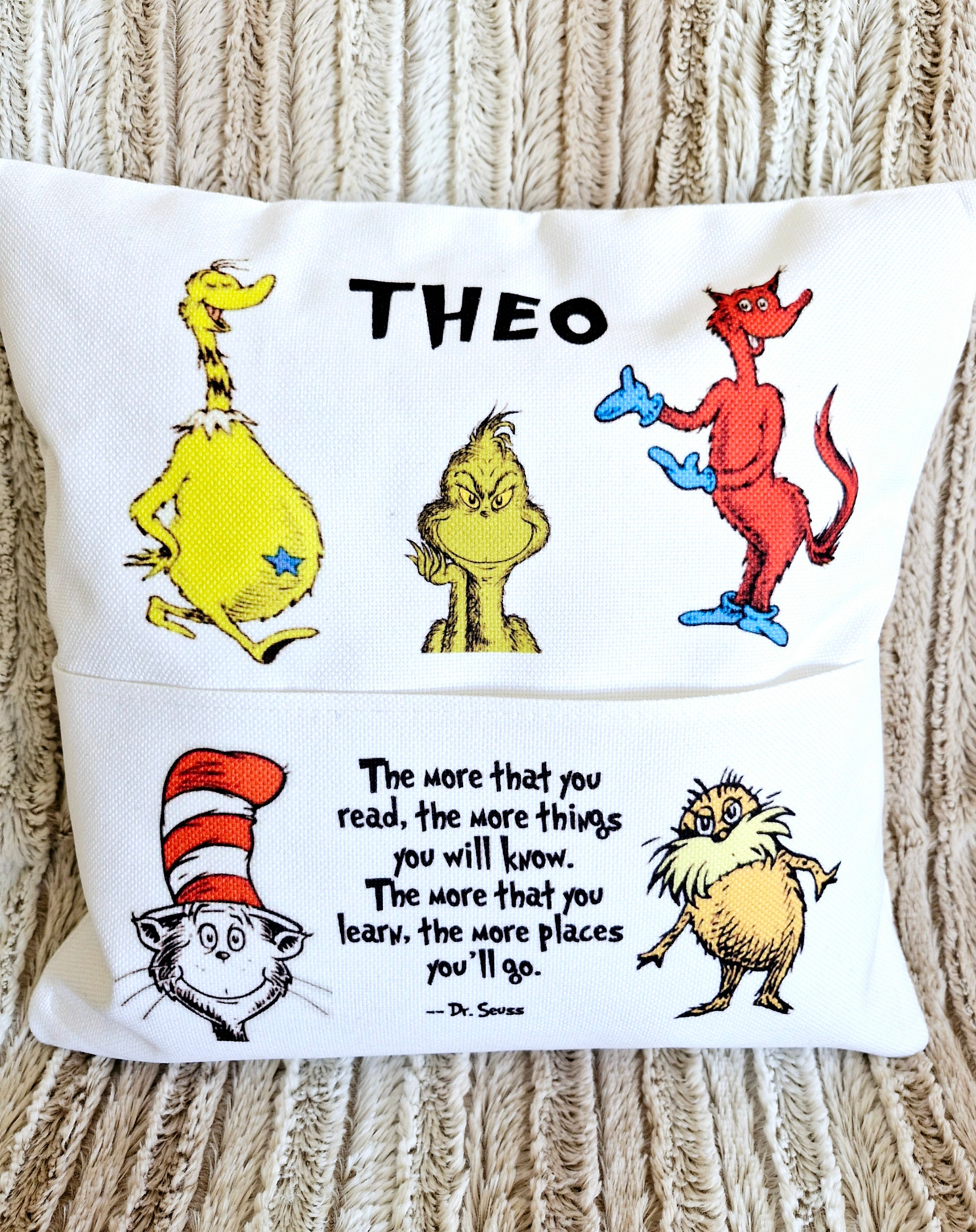 Personalised Reading Cushion With Dr Suess Book Characters With Pocket 40 Cms Book Pillow Etsy