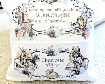 Personalised Alice in Wonderland reading book cushion with pocket for book kindle tablet storage