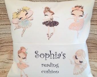 Personalised Fairy Ballerina reading cushion with book pocket childs pillow