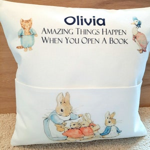 Personalised Beatrix Potter reading cushion with book pocket childs gift set