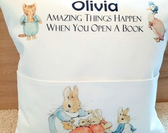 Personalised Beatrix Potter reading cushion with book pocket childs gift set