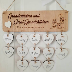 Grandchildren and great grandchildren plaque with personalised family name hanging hearts