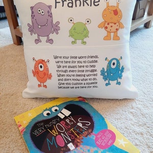 Worry monster personalised book cushion and book gift set