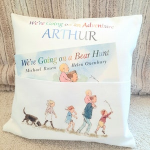 Personalised Were going on a bear hunt reading cushion with book  pocket childs pillow