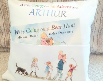 Personalised Were going on a bear hunt reading cushion with book  pocket childs pillow