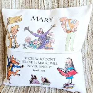 Personalized Roald Dahl Reading Cushion: Linen Blend Book Pocket Pillow