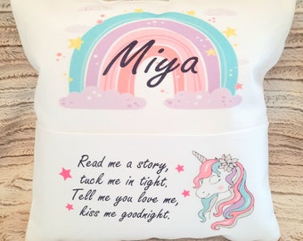 Unicorn personalised reading cushion with book pocket childs unisex gift