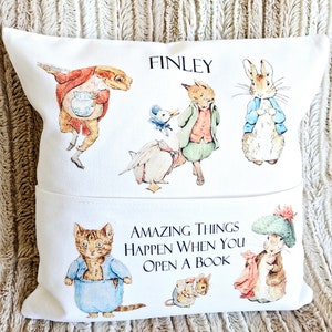 Personalized Beatrix Potter Reading Cushion: Linen Blend Pocket Pillow