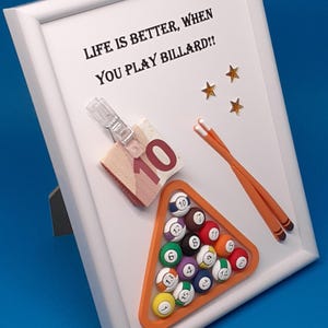 Geldgeschenk Billard Billardspieler Billardkugeln Queue Gutschein Billardkurs Bilderrahmen Geburtstagskarte Geldgeschenkverpackung