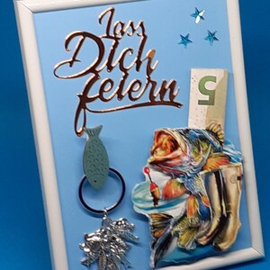 Geldgeschenk Angler Angel Angelausrüstung Blinker Geburtstagskarte Bilderrahmen Gutschein 3D Glückwunschkarte einzigartig originell
