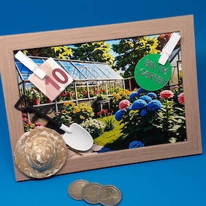 Geldgeschenk Garten Gartengeräte Spaten Pflanzen Blumen Gartenhaus Gutschein 3D Bilderrahmen Geburtstagskarte