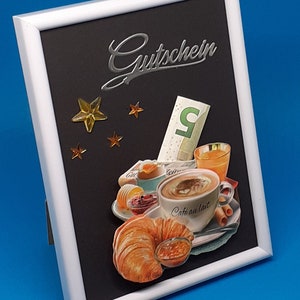 Gelgeschenk Frühstück Brunch Sektfrühstück Kaffee Sekt Geldgeschenk 3D Bilderrahmen Geburtstagskarte Gutschein Geschenkidee Geburtstag