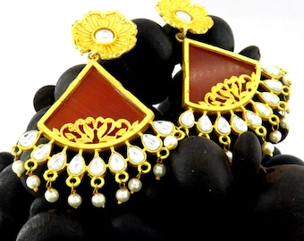 Gold Plated Matt Finish Earrings Gift light weight Indian Wedding Orange, Green and Pink colour Stones & Pearls Dropping Big Earring