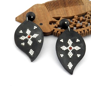 925 Sterling Silver with Coral Indian Handcrafted Wooden Silver Unique Women Light Weight Earrings Unique gift for Her