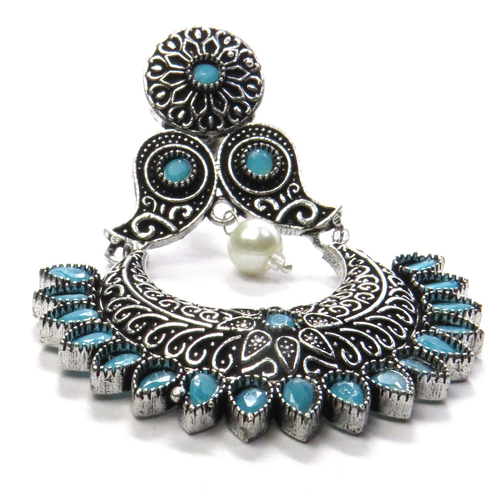 Turquoise Oxidized Chandelier Earrings Pearl and Stone Beaded Etsy UK