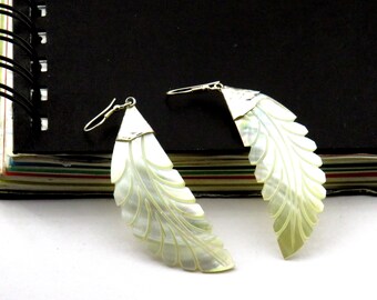 Mother of Pearl Leaf (Handmade)-Silver Earrings Carved Shell Earrings