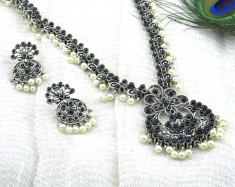 Conjunto de joyas de plata alemana oxidada para mujer, conjunto de joyas de boda, conjunto de collar de piedra con aretes para niñas #Negro