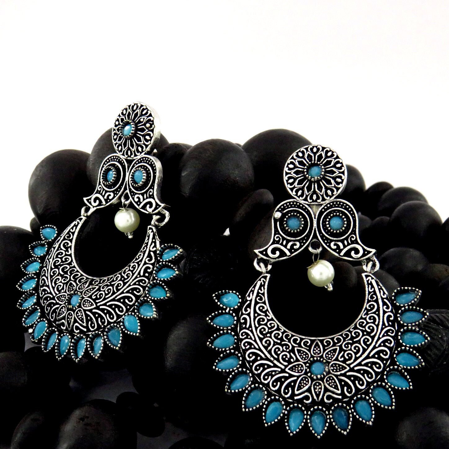 Turquoise Oxidized Chandelier Earrings Pearl and Stone Beaded Etsy UK