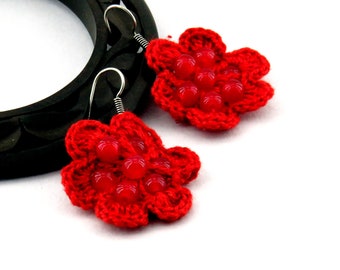 Red Handcrafted Crochet Thread Indian Earrings