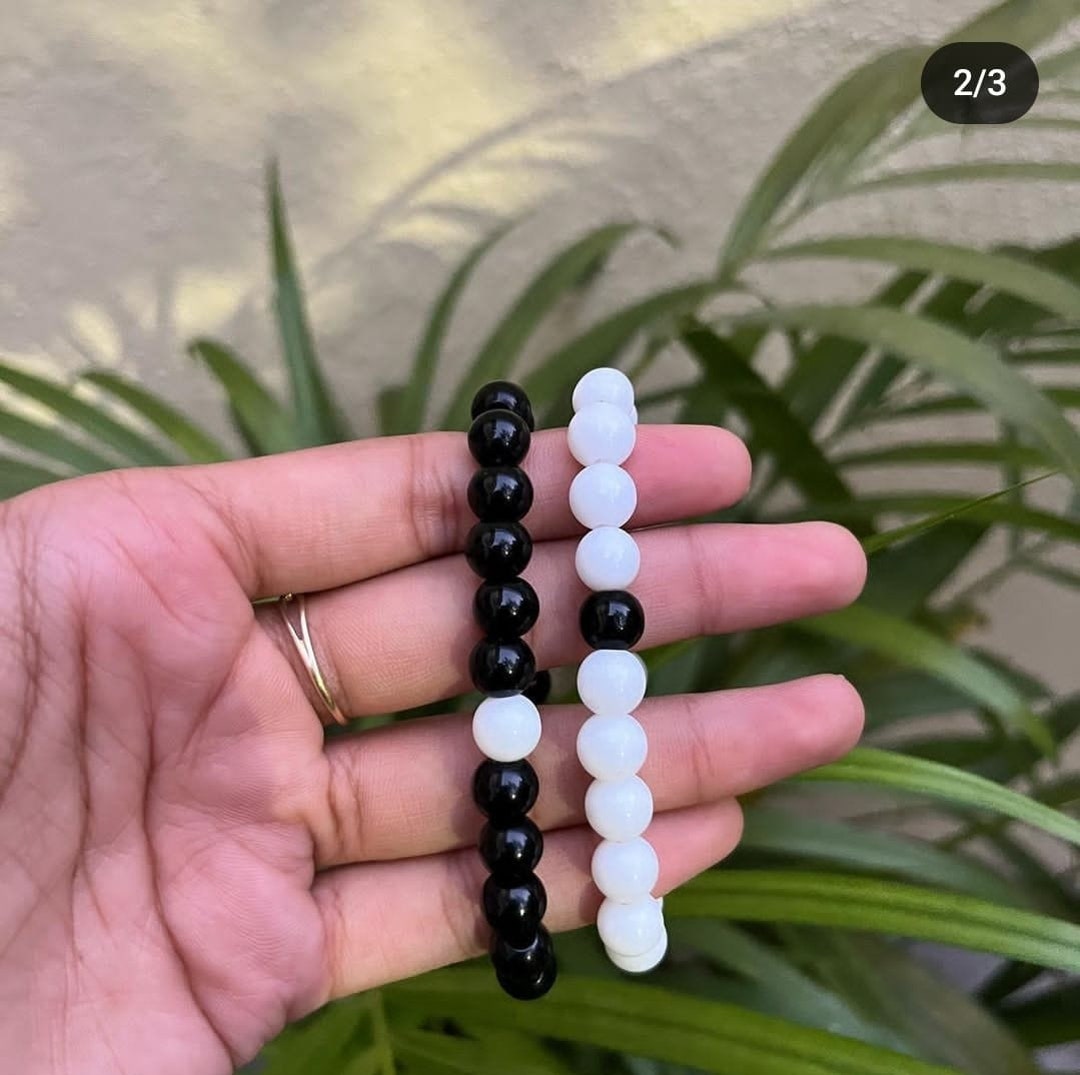Couples Black & White Bead Bracelet Combo Set - Elasticated Beaded