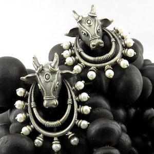 Oxidized Silver Plated Handmade Big stud Earring | Brass with 22 Kt white Rhodium plating | Indian Silver Tone Tribal Earrings With Pearls