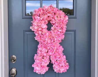 Breast Cancer Awareness Wreath, pink breast cancer wreath, breast cancer gift, floral breast cancer ribbon wreath, wrentham wreaths