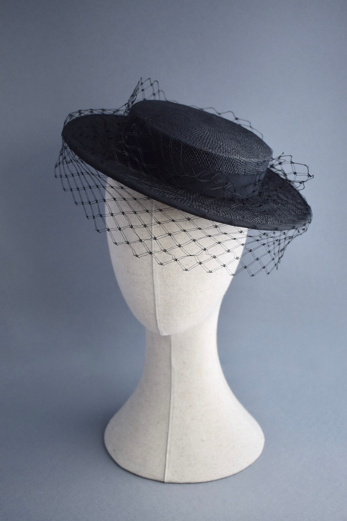 Black Boater Hat with Black Veiling. Handcrafted percher Etsy