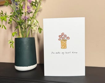 Cartão de felicitações ilustrado à mão | Cartão com vaso de flores desenhado à mão | Cartão em branco para amor e amizade
