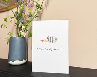 Cartão de felicitações com ilustração de peixe feita à mão | Cartão de celebração engraçado "O-Fish-ally the Best" | Interior em branco