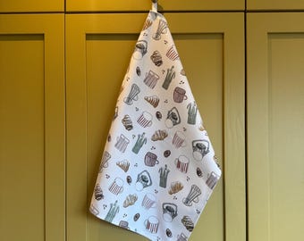 Cafe Art Tea Towel | Hand Drawn Coffee & Croissants Illustration | Kitchen Linen Gift