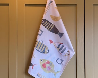 Fish Art Tea Towel | Hand Illustrated Fish Design | Kitchen Linen Gift