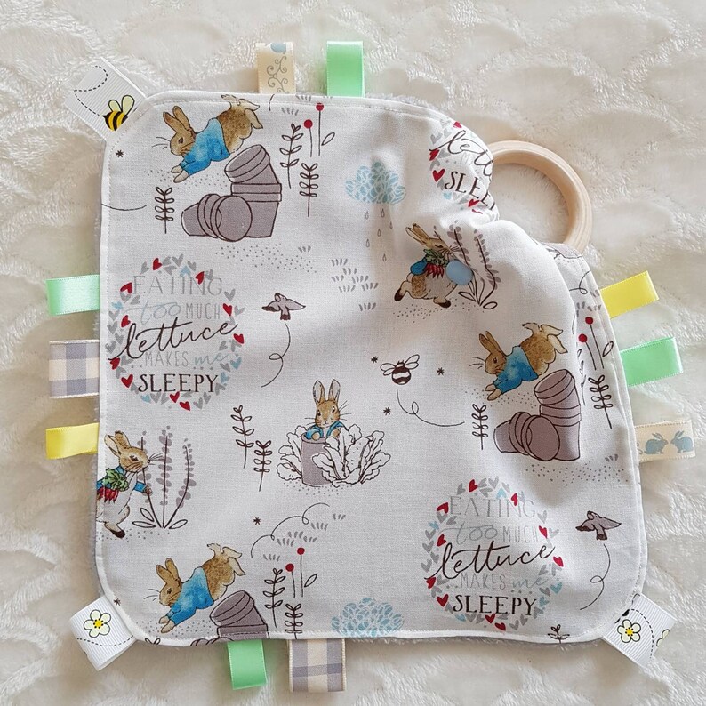 Baby Rabbit Tag Blanket With Detachable Wooden Ring Taggie Etsy